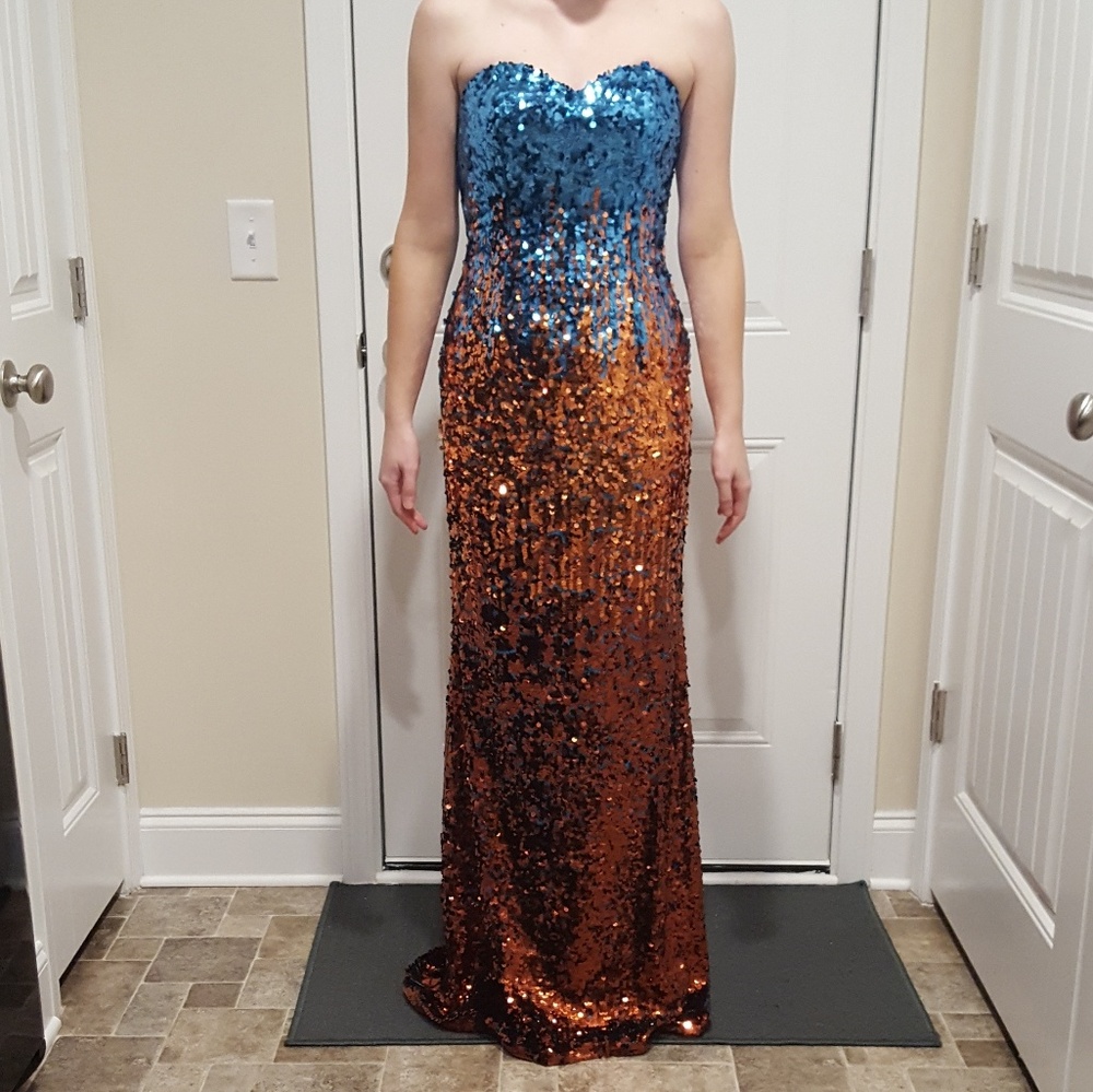 Blue Orange Mermaid Sequin Fitted Prom Dress